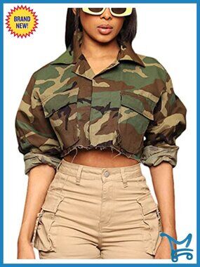 Cropped Denim Bomber Jacket Camouflage Army Fatigue Jacket Coat Women